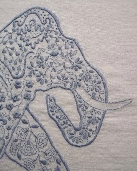 Embroidered elephant: head detail 