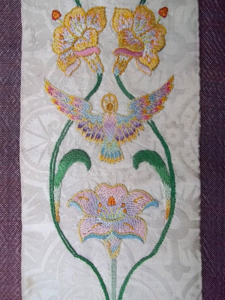 White liturgical stole: detail of hand embroidery