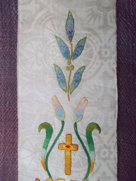 White liturgical stole: detail of hand embroidery