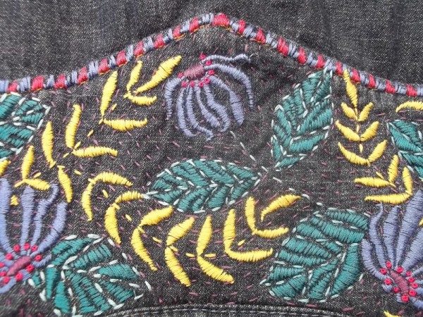 Denim shirt showing hand embroidered yoke. Design inspired by E.A.Séguy's floral patterns