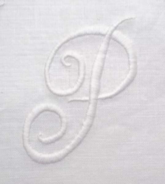 Monogram 'P': detail from honeysuckle embroidered whitework cushion cover (embroidery cotton on linen).