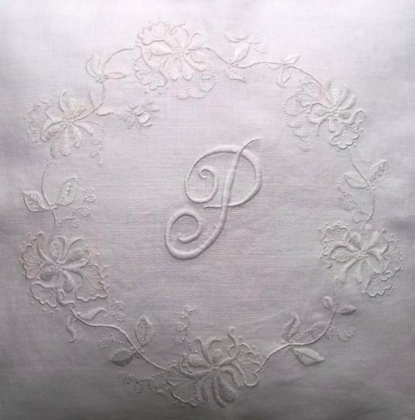 Whitework honeysuckle cushion: hand embroidered in embroidery cotton on pure linen