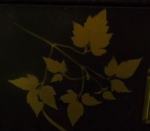 Stencilled leaves on metal filing cabinet (using dried pressed leaves)
