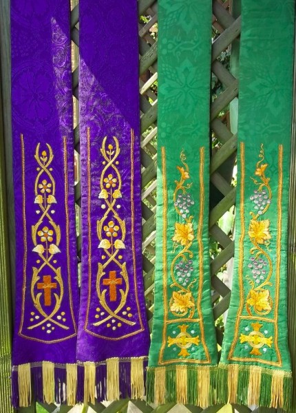 Ecclesiastical stoles: green and purple (hand embroidered)