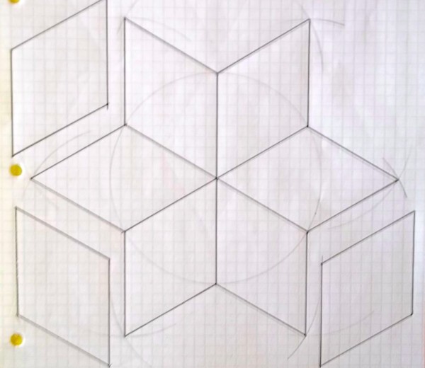 Construction of diamond patchwork template using compass and protractor