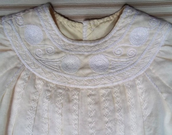 Christening dress in English smock embroidery: detail of yoke (hand embroidered by Mary Addison)