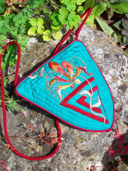  Silk shoulder bag with hand embroidered honeysuckle