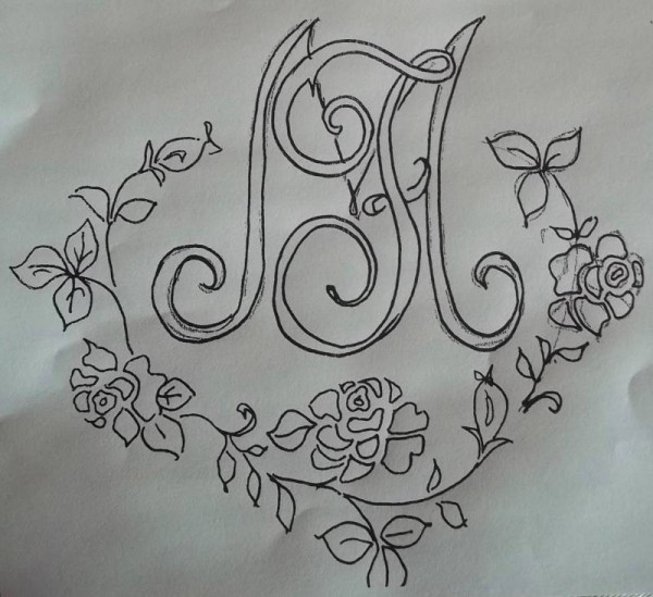 Abandoned design for F & M monogram: too F & M too contrived; wreath of roses ungainly 