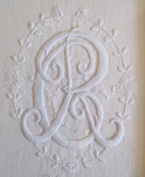 Whitework wedding monogram: C&R (hand embroidered by Mary Addison)