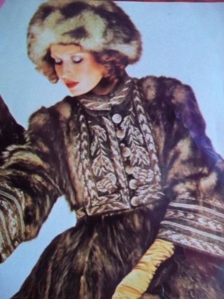 Bill Gibb: Opossum coat with yoke and cuffs of embroidered tweed. (Magazine cutting from the 1970s from either Vogue or Harpers & Queen. Photo: Norman Parkinson.)