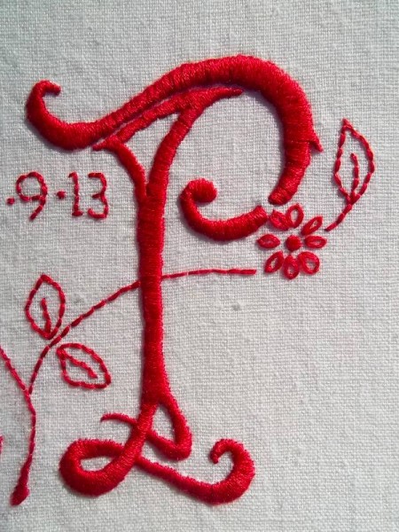 Wedding monogram L& P: detail (hand embroidered by Mary Addison)
