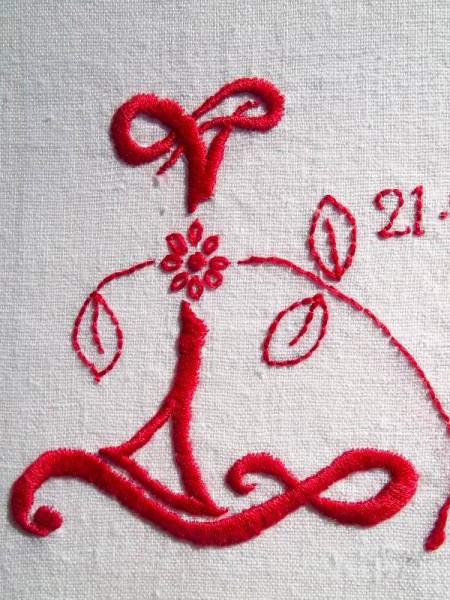 Wedding monogram L & P: detail (hand embroidered by Mary Addison)