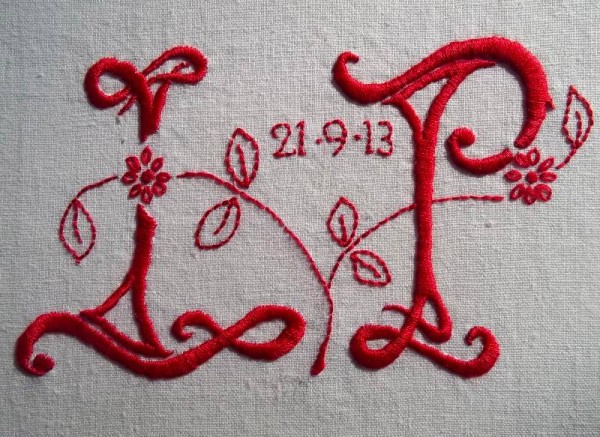 Wedding monogram L & P (hand embroidered by Mary Addison)