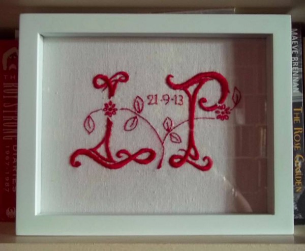 L & P wedding monogram (hand embroidered by Mary Addison) in white box frame