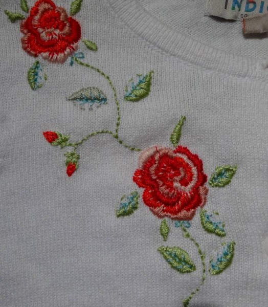 Rose embroidered cardigan: right front detail (hand embroidered by Mary Addison)