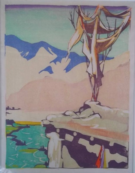 Mabel Royds: Tibetan flags woodcut