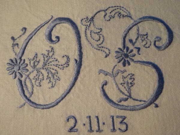 Double wedding monogram: blue on white linen (hand embroidered by Mary Addison)