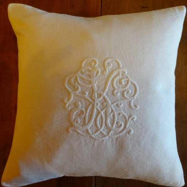 Whitework linen cushion: hand embroidered by Mary Addison