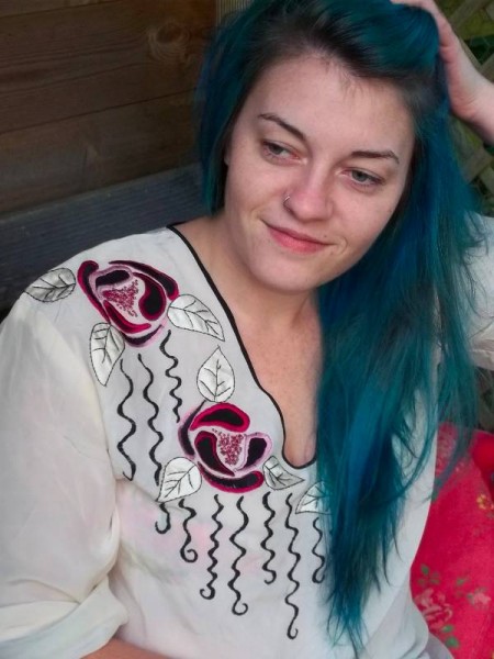 Silk top with hand appliquéd, beaded and embroidered roses (made by Mary Addison)