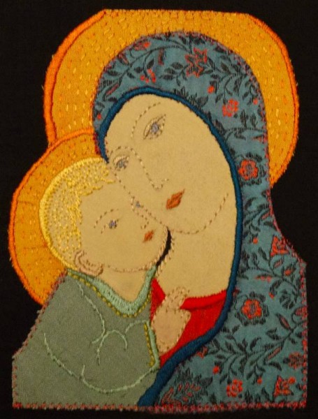 Madonna and Child (2013 Christmas card: hand embroidered and appliquéd by Mary Addison)