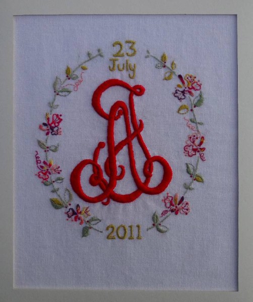 Wedding monogram: A & J Hand embroidered in embroidery cotton on linen by Mary Addison