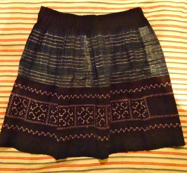 Vietnamese skirt showing batik and embroidered panels. (old and probably  originally part of a much bigger and longer traditional garment). 