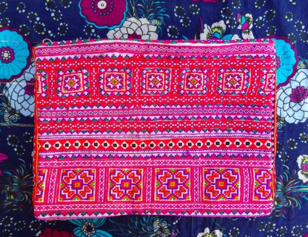 Modern Vietnamese purse with appliqué and hand embroidered cross stitch panels