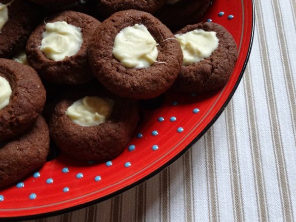 Chocolate and almond thumbprint cookies with white chocolate centres