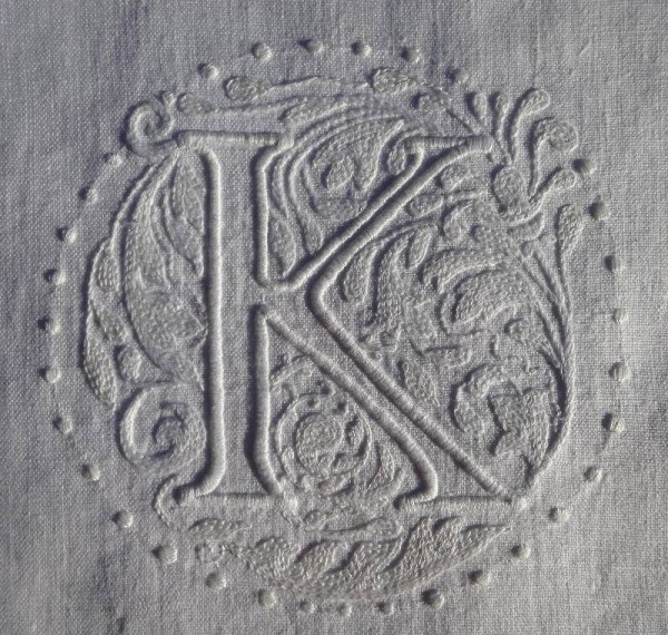 Whitework letter K in Renaissance style (hand embroidered by Mary Addison)