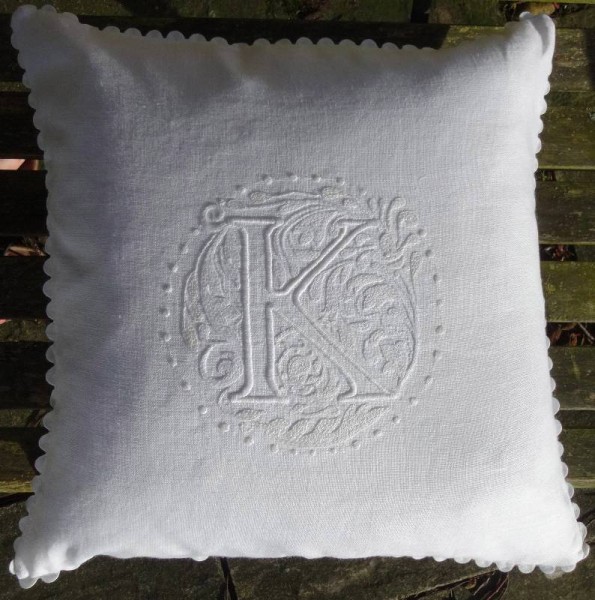 K monogram cushion in whitework: white embroidery thread on white linen (hand embroidered by Mary Addison)