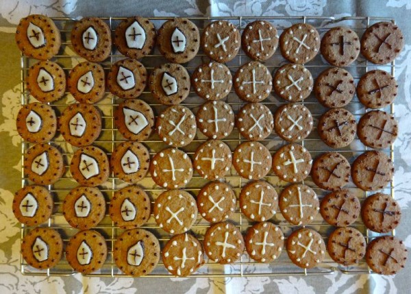 Gingerbread decorated with marzipan Bishop's mitres and icing crosses 