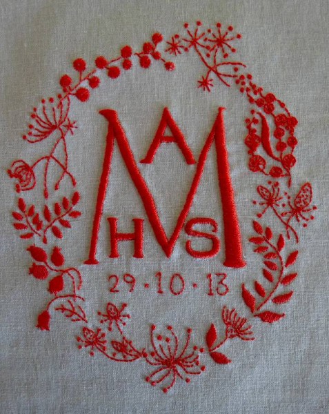 Embroidered monogram for a new baby (hand embroidered by Mary Addison)