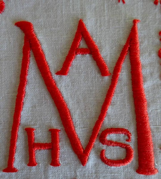 Monogram for a new baby MAHS (hand embroidered by Mary Addison)