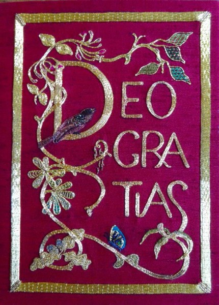 Embroidered bible in Balliol library: back cover.(Hand embroidered by Pauline Johnstone in memory of her husband). 