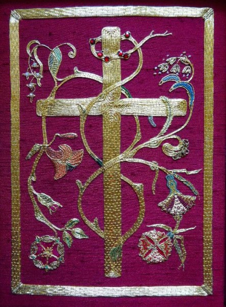 Goldwork embroidered bible in Balliol Library. Hand embroidered by Pauline Johnstone in memory of her husband Kenneth Roy Johnstone and given to the library in 1978