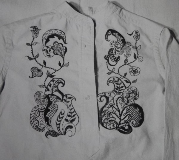 Blackwork embroidery on cotton shirt (hand embroidered by Mary Addison)