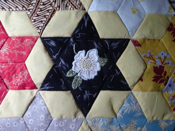 Ipsden Church, Oxon : patchwork altar frontal, detail of hellebore (hand embroidered by Mary Addison)