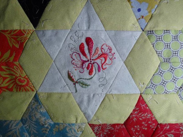 Ipsden Church, Oxon: patchwork altar frontal, detail of honeysuckle (hand embroidered by Mary Addison)