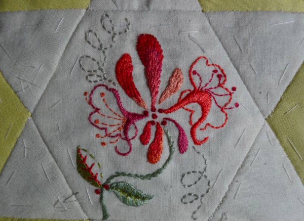 Honeysuckle (hand embroidered) for patchwork altar frontal project, Ipsden Church