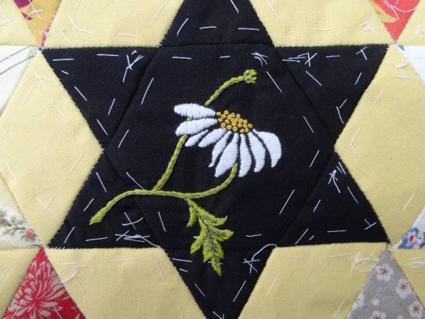 Ox eye daisy (hand embroidered) for patchwork altar frontal project, Ipsden Church