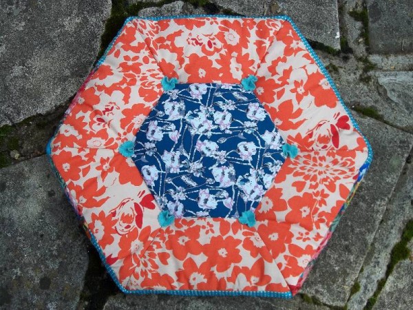 Hexagon patchwork cushion in Vietnamese fabrics