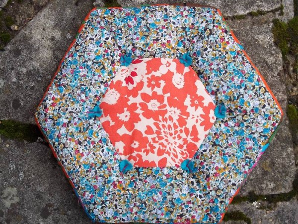 Hexagon patchwork cushion in Vietnamese fabrics