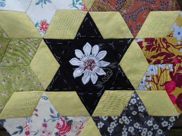 Ipsden Church, Oxon: patchwork altar frontal, detail of passionflower (hand embroidered by Mary Addison)