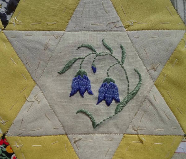 Ipsden Church, Oxon: patchwork altar frontal, detail of harebell (hand embroidered by Mary Addison) 