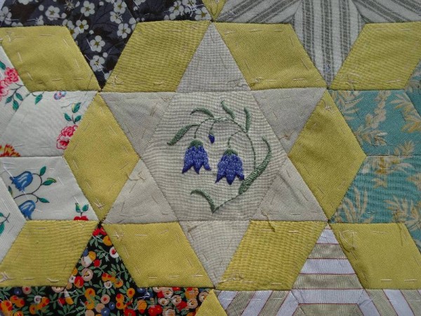 Ipsden Church, Oxon: patchwork altar frontal, detail of harebell (hand embroidered by Mary Addison)