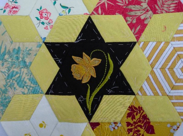 Ipsden Church, Oxon: patchwork altar frontal, detail of daffodil (hand embroidered by Mary 