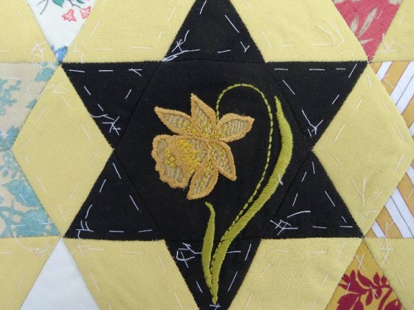 Ipsden Church, Oxon: patchwork altar frontal, detail of daffodil (hand embroidered by Mary 