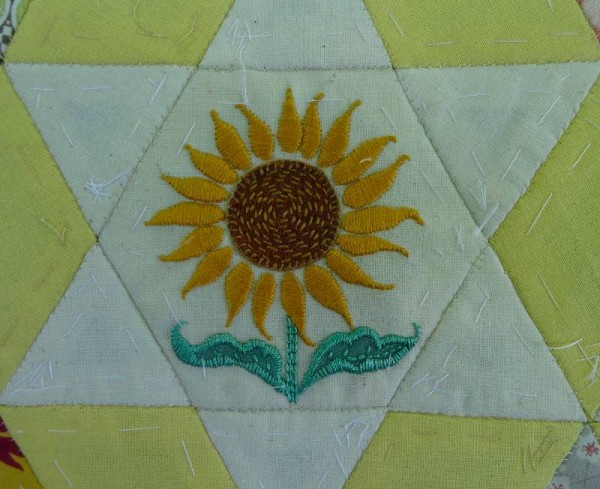 Ipsden Church, Oxon: patchwork altar frontal, detail of sunflower (hand embroidered by Mary Addison)