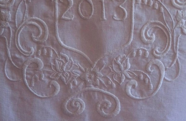Whitework altar cloth for Balliol Chapel: detail of daffodils & magnolia (hand embroidered by Mary Addison)