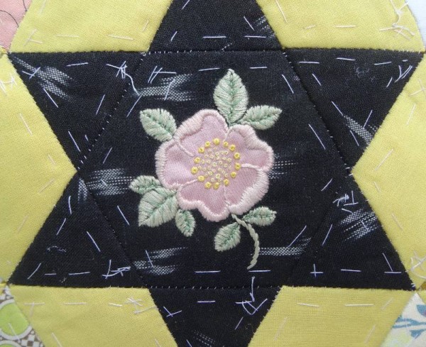 Ipsden Church, Oxon: patchwork altar frontal, detail of dog rose (hand embroidered by Mary Addison)